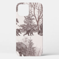 Landscape with bears, cubs, winter trees and fir t