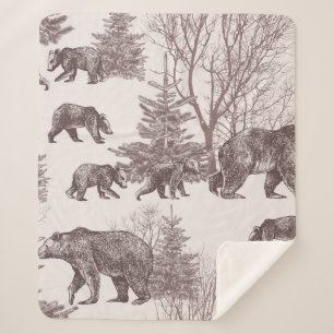 Landscape with bears, cubs, winter trees and fir t sherpa blanket