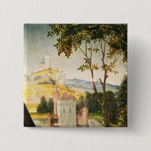 Landscape with castle in a moat and two swans 2 inch square button