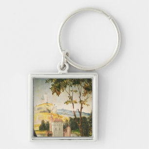 Landscape with castle in a moat and two swans keychain