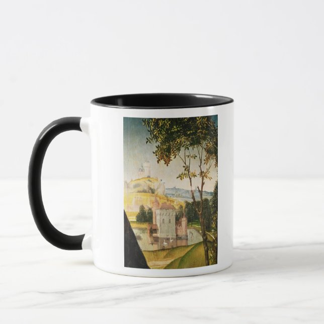 Landscape with castle in a moat and two swans mug (Left)