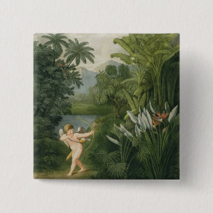 Landscape with Cupid aiming an arrow at a Parrot o 2 Inch Square Button