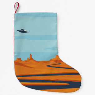  landscape with deserted valley, mountains, dark w small christmas stocking