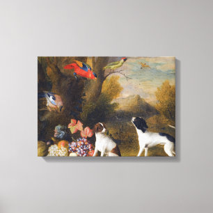 Landscape with exotic birds and two dogs canvas print