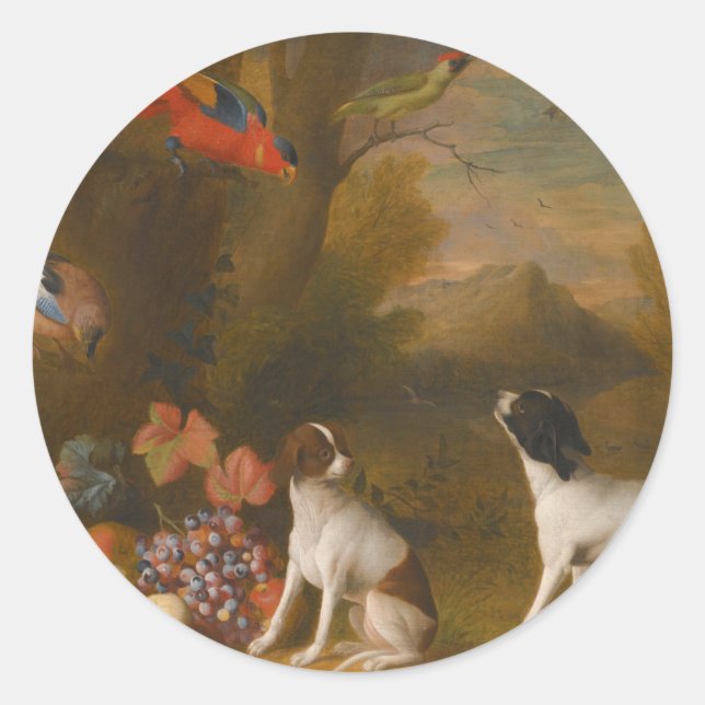 Landscape with exotic birds and two dogs classic round sticker (Front)