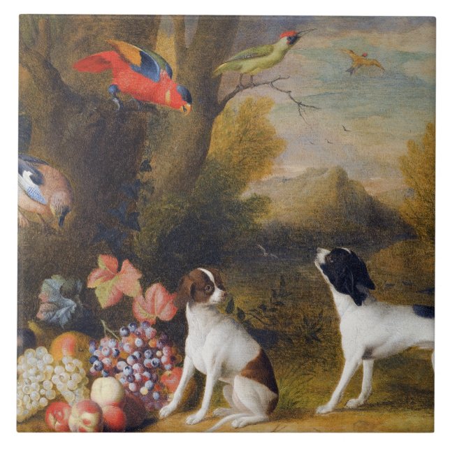 Landscape with exotic birds and two dogs  tile (Front)