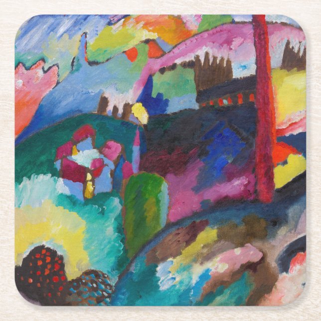 Landscape with Factory Chimney, Wassily Kandinsky Square Paper Coaster (Front)