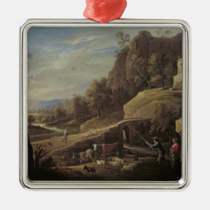 Landscape with Farmers tending their Animals Metal Ornament