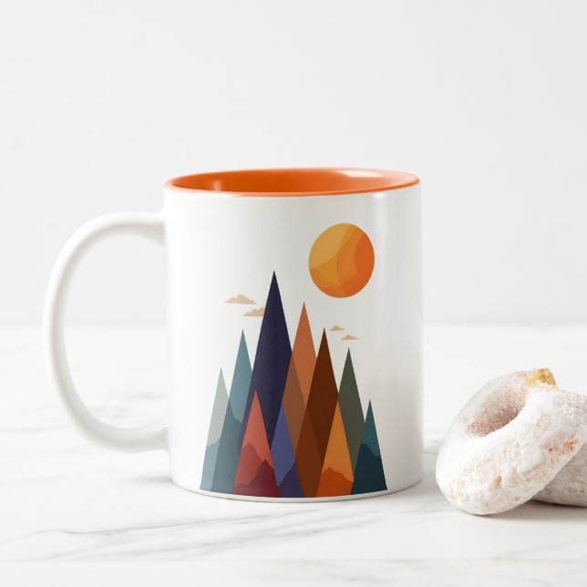 Landscape With Mountains and Sun Two-Tone Coffee Mug (With Donut)