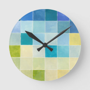 Landscape with Multicolored Pixilated Squares Round Clock