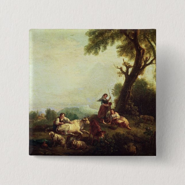 Landscape with Peasants Watching a Herd of Cattle 2 Inch Square Button (Front)