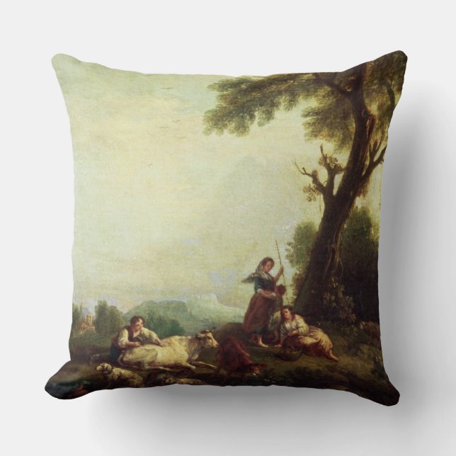 Landscape with Peasants Watching a Herd of Cattle Throw Pillow (Front)