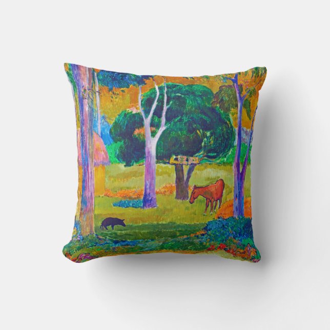 Landscape with Pig and Horse, Gauguin Throw Pillow (Front)