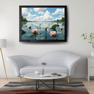 Landscape with Pink Water Blossoms and Cloudy Sky  Poster