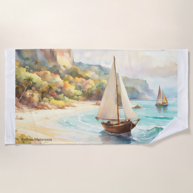 Landscape with sea and sailing ships beach towel (Front)
