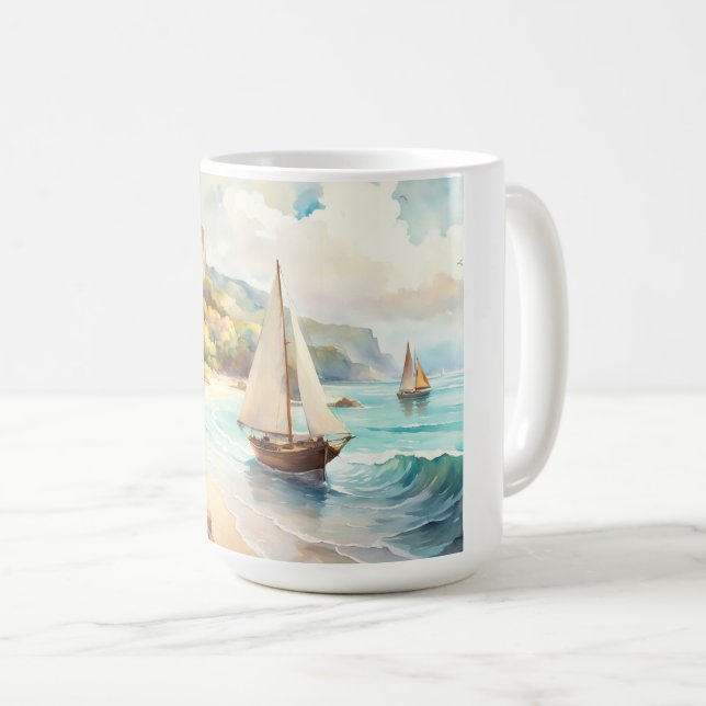 Landscape with sea and sailing ships coffee mug (Front Right)