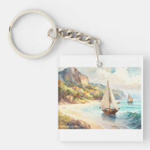 Landscape with sea and sailing ships keychain