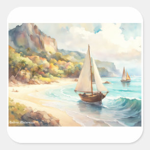 Landscape with sea and sailing ships square sticker