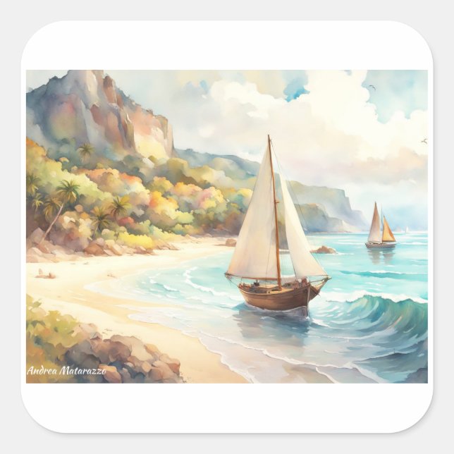 Landscape with sea and sailing ships square sticker (Front)
