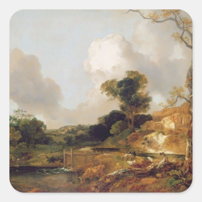 Landscape with Stream and Weir (oil on canvas) Square Sticker (Front)