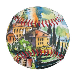Landscape with town and cypress trees baseball