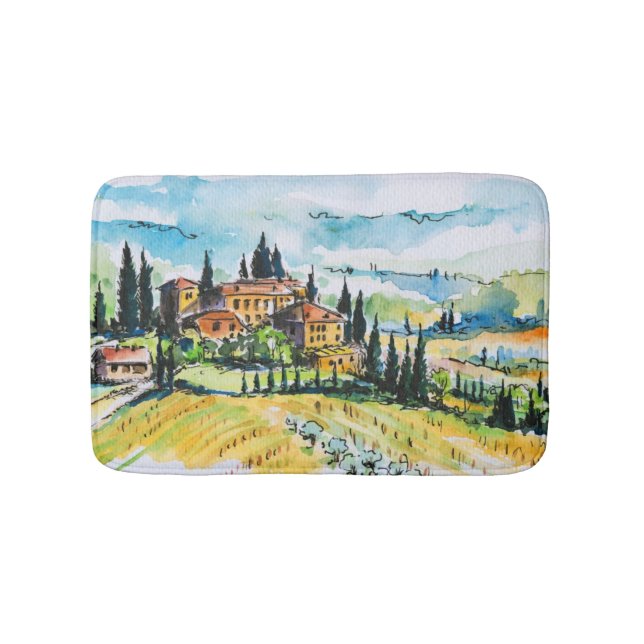 Landscape with town and cypress trees bath mat (Front)