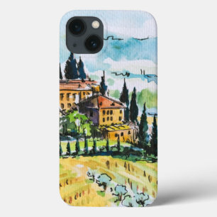 Landscape with town and cypress trees iPhone 13 case