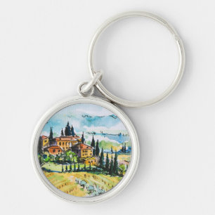 Landscape with town and cypress trees keychain
