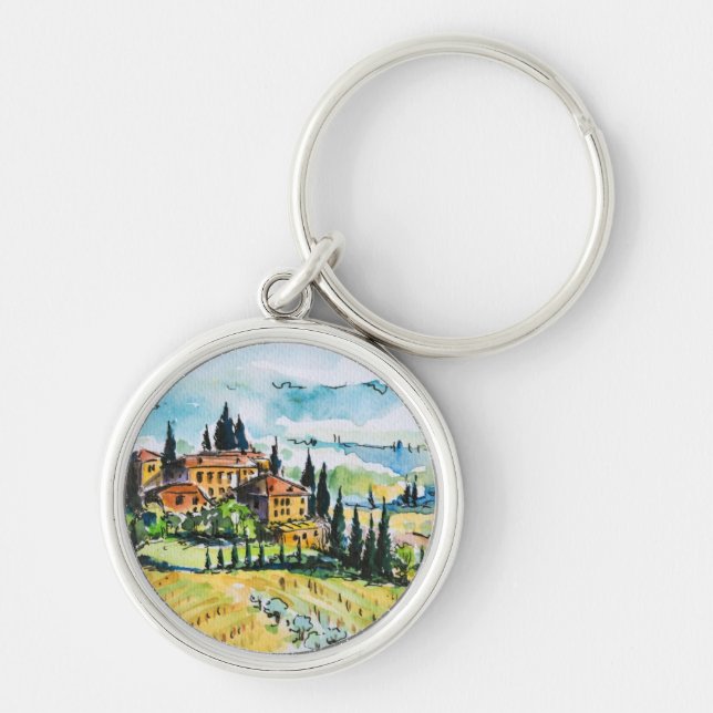 Landscape with town and cypress trees keychain (Front)