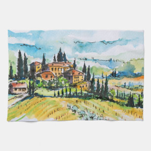 Landscape with town and cypress trees kitchen towel