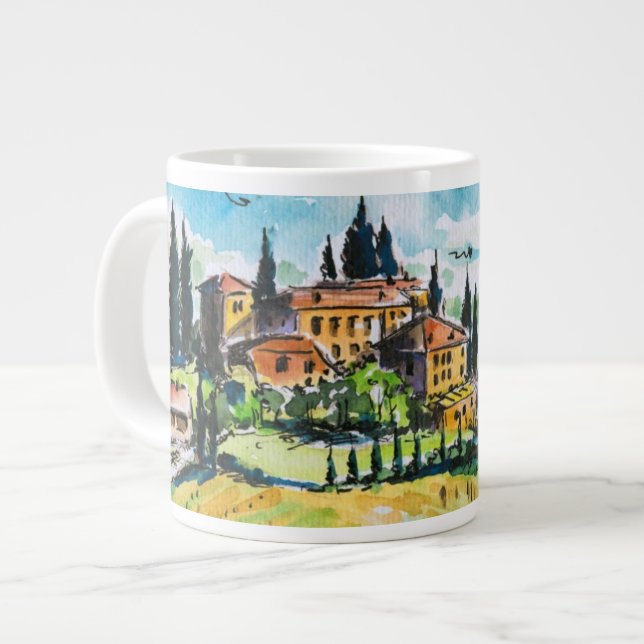 Landscape with town and cypress trees large coffee mug (Front Left)
