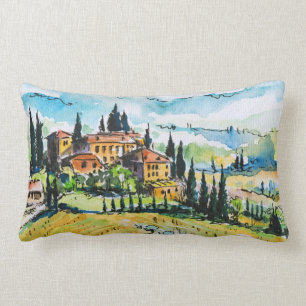 Landscape with town and cypress trees lumbar pillow