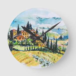 Landscape with town and cypress trees round clock