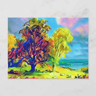 Landscape with trees and sheep postcard