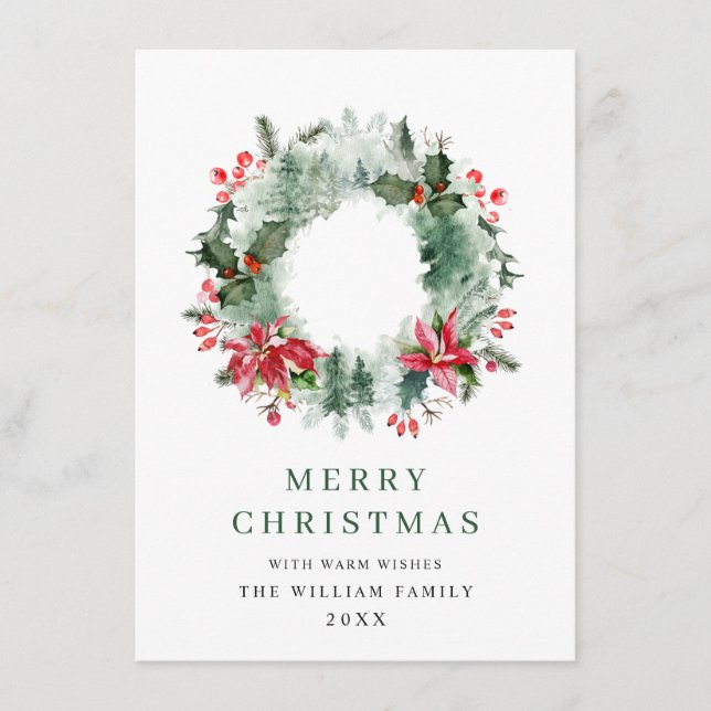 Landscape Wreath Holly Berry Pine Forest Christmas Holiday Card (Front)