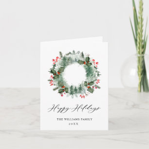 Landscape Wreath Holly Berry Pine Forest Christmas Holiday Card