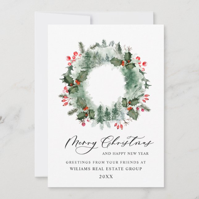 Landscape Wreath Holly Berry Pine Forest Christmas Holiday Card (Front)