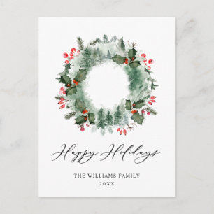 Landscape Wreath Holly Berry Pine Forest Christmas Postcard