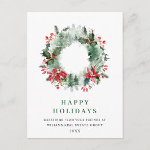 Landscape Wreath Holly Berry Pine Forest Christmas Postcard