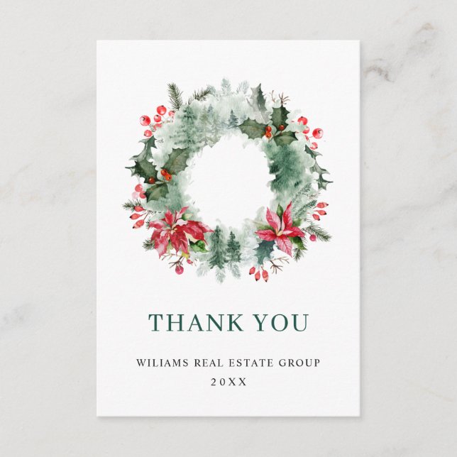 Landscape Wreath Holly Berry Pine Forest Christmas Thank You Card (Front)