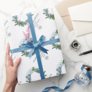 Landscape Wreath Holly Berry Pine Forest Christmas Wrapping Paper