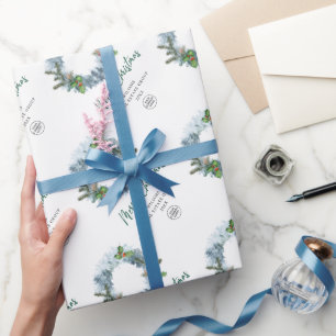 Landscape Wreath Holly Berry Pine Forest Christmas Wrapping Paper