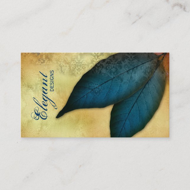 Landscaping Business Blue Leaves Vintage Damask Business Card (Front)