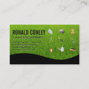 Landscaping Gardening Tools   Grass Background Business Card