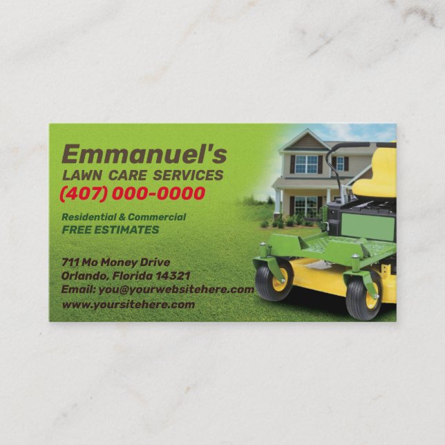Landscaping Lawn Care Mower Business Card Template (Front)