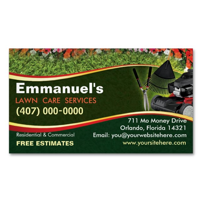 Landscaping Lawn Care Mower Template Magnetic Business Card (Front)