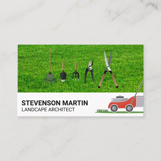 Landscaping Tools | Cut Grass Lawn Mower Business Card (Front)
