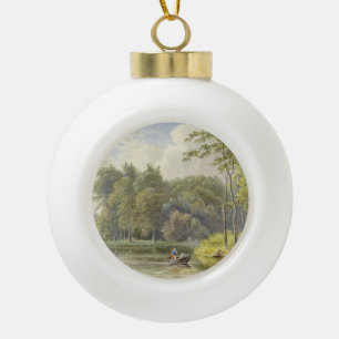 Landschap met Figuren in een Roeibootje Vintage Ceramic Ball Christmas Ornament