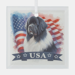 Landseer Newfoundland Dog Patriotic Glass Ornament