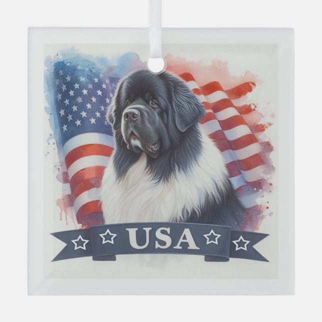 Landseer Newfoundland Dog Patriotic Glass Ornament (Front)